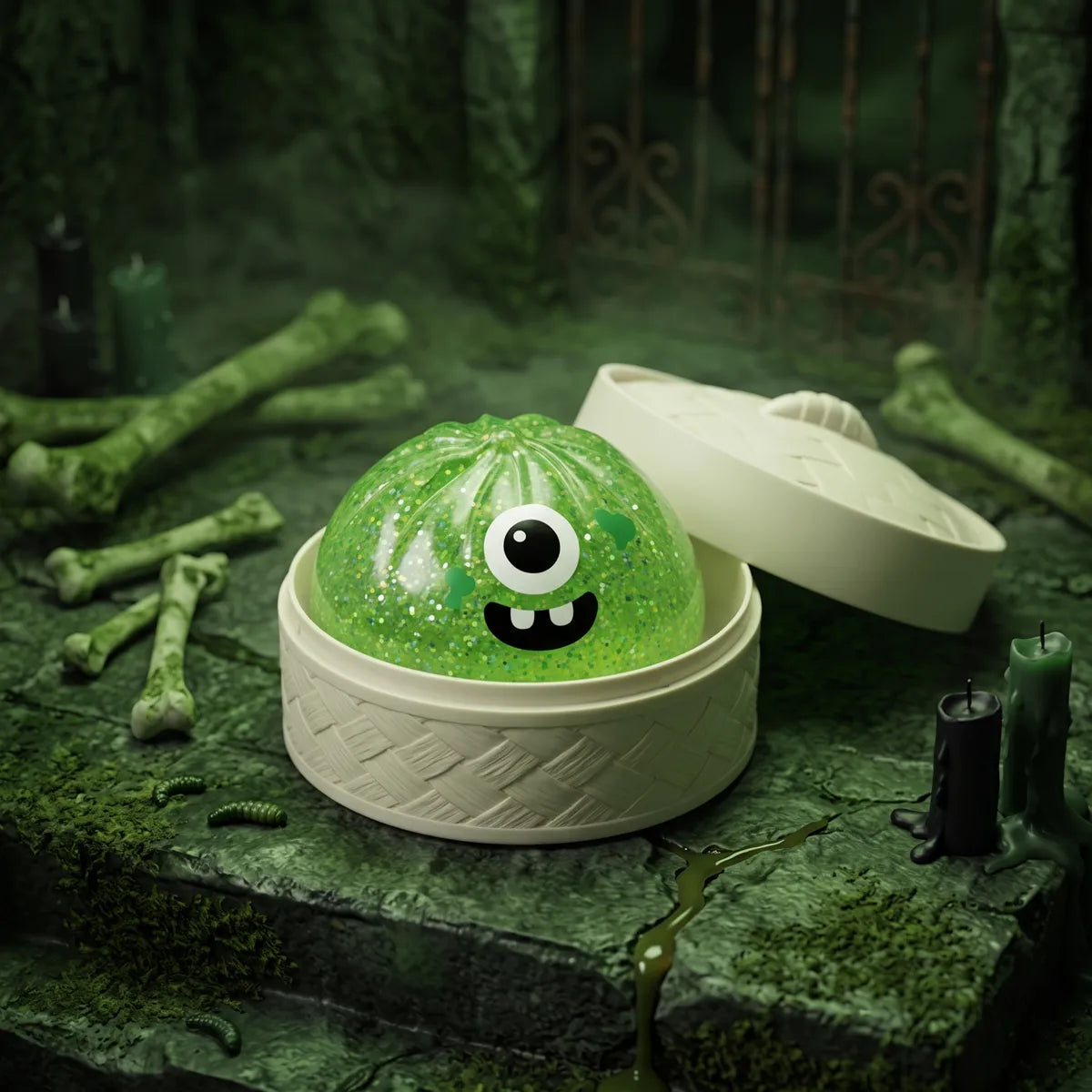 Squishy Dumpling Monstre vert à un œil — Halloween — avec sa boîte Halloween