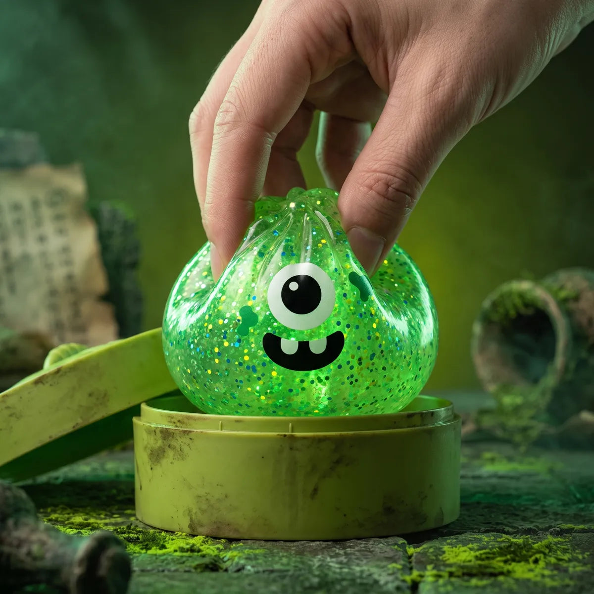 Squishy Dumpling Monstre vert à un œil — Halloween — gros plan sur la texture