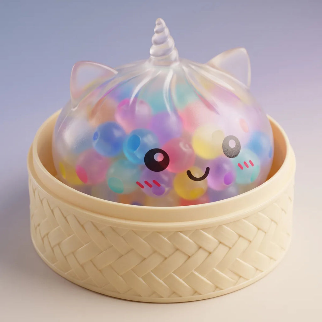 Squishy Dumpling Bubble Licorne Pastel — dans son panier vapeur en bambou