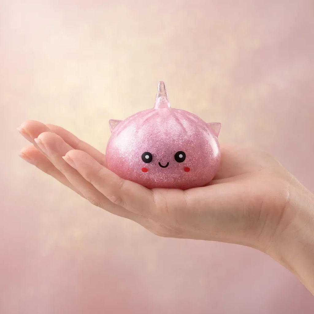 Squishy Dumpling Mystère Licorne Pailleté — tenu dans la main