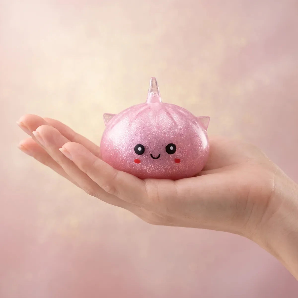 Squishy Dumpling Mystère Licorne Pailleté — tenu dans la main