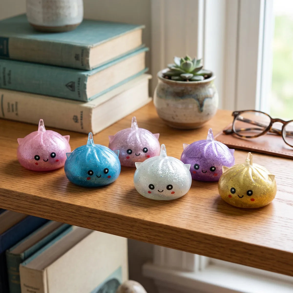 Squishy Dumpling Mystère Licorne Pailleté — dans son panier vapeur en bambou