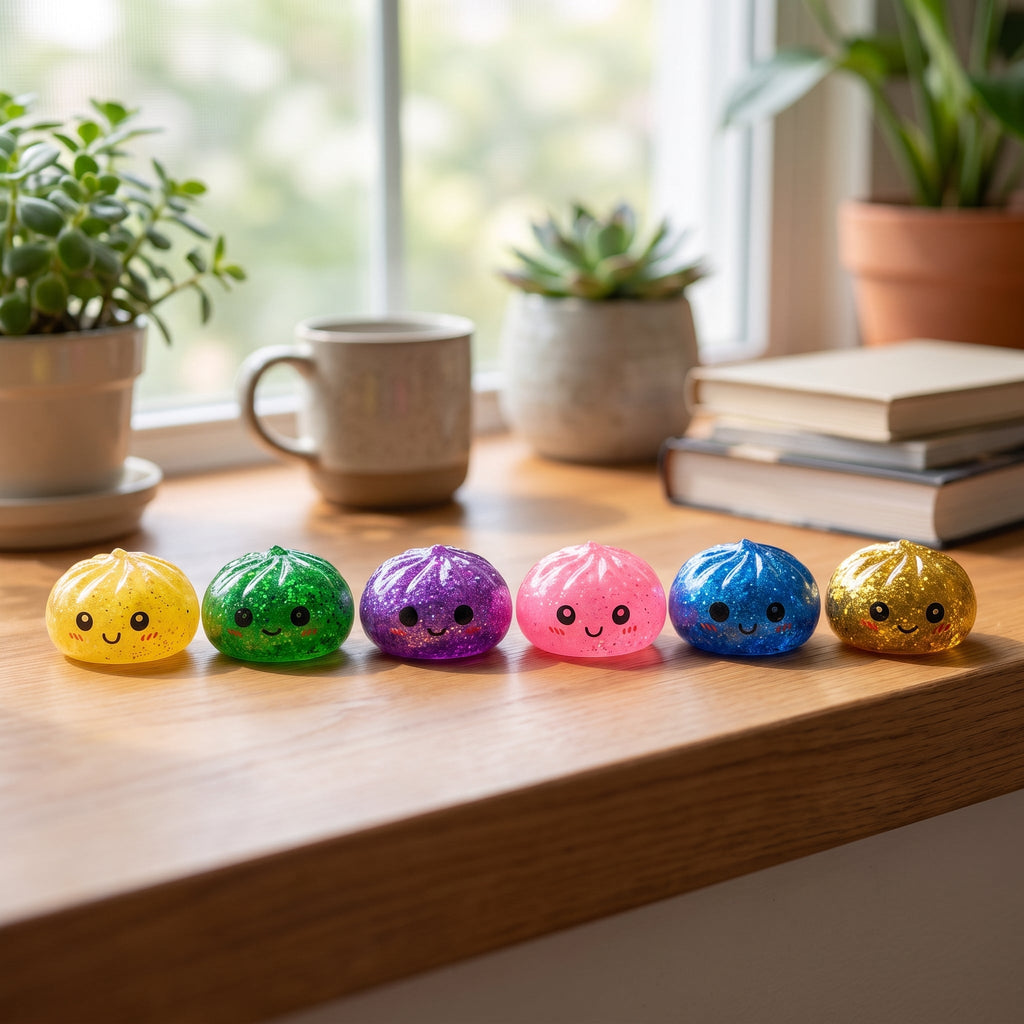 Trio Mini Squishy Dumpling Mystère Pailletés — présenté sur une étagère