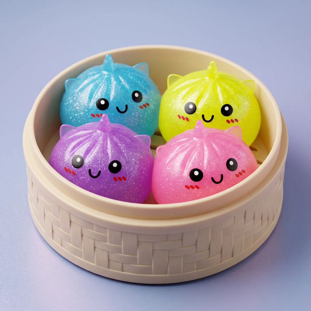 Mini Squishy Dumpling Mystère Licorne — dans son panier vapeur en bambou