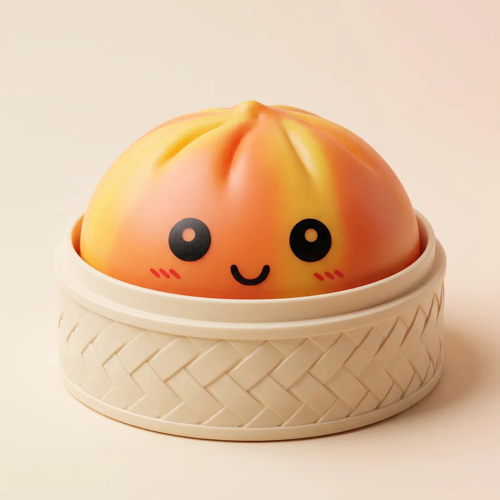 Squishy Dumpling Tie & Dye Orange — dans son panier vapeur en bambou