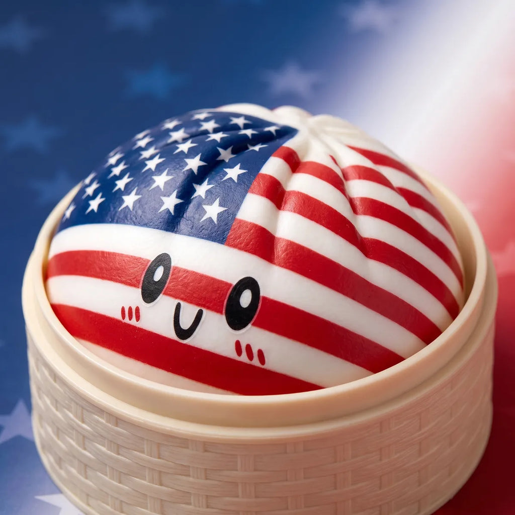 Squishy Dumpling Tricolore Bleu Blanc Rouge — dans son panier vapeur en bambou