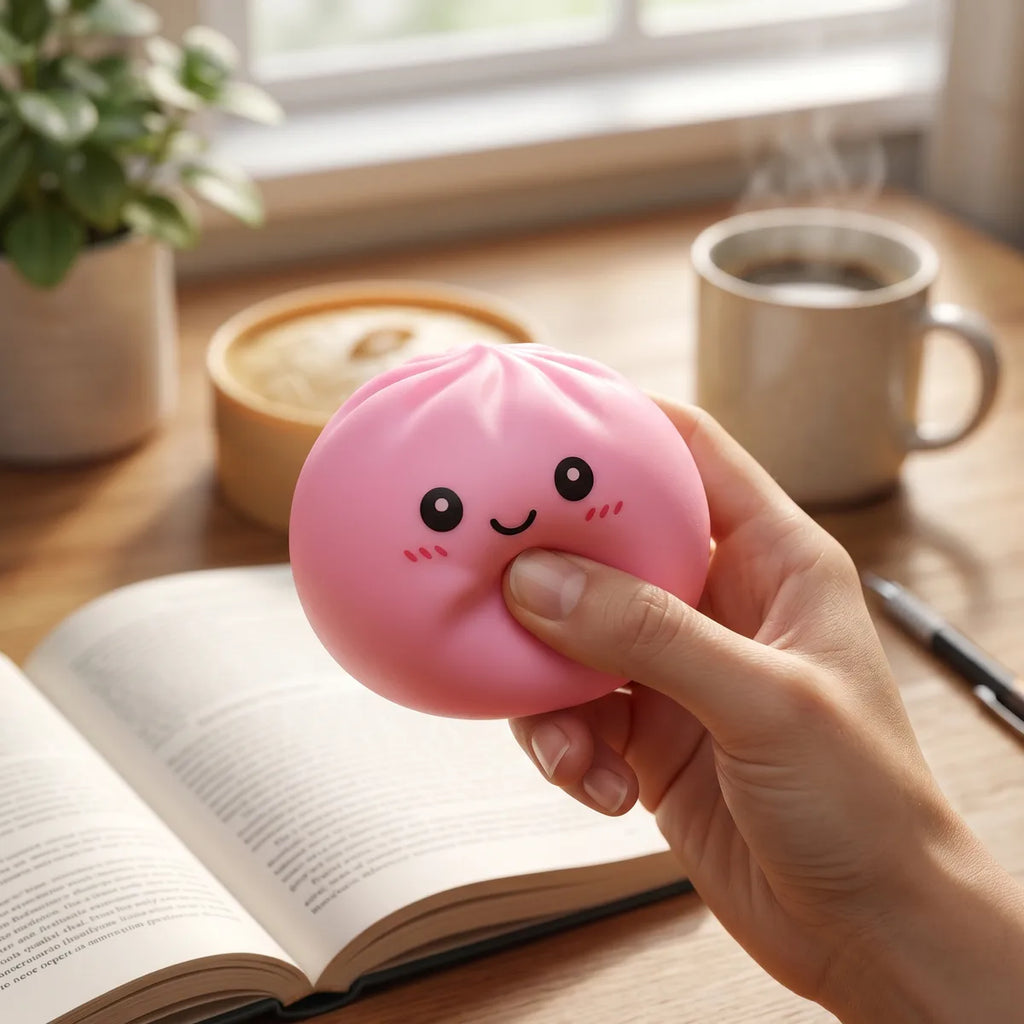 Squishy Dumpling Rose Poudré — posé sur un bureau