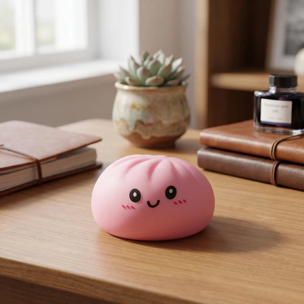 Squishy Dumpling Rose Poudré — dans son panier vapeur en bambou