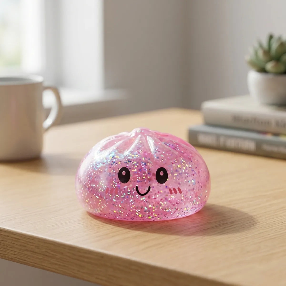 Squishy Dumpling Rose à Paillettes — posé sur un bureau