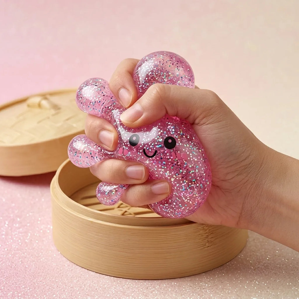 Squishy Dumpling Rose à Paillettes — complètement écrasé