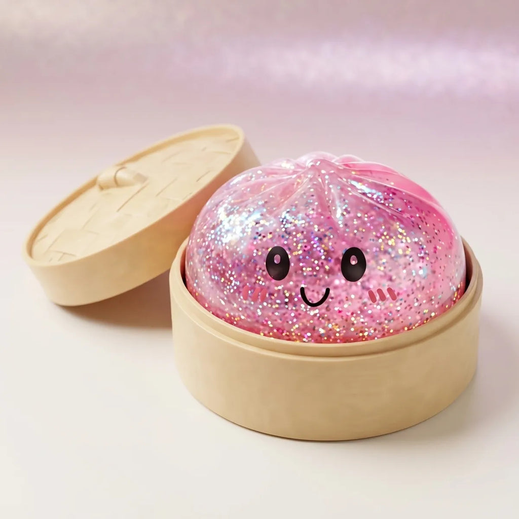 Squishy Dumpling Rose à Paillettes — posé dans son panier vapeur en bambou