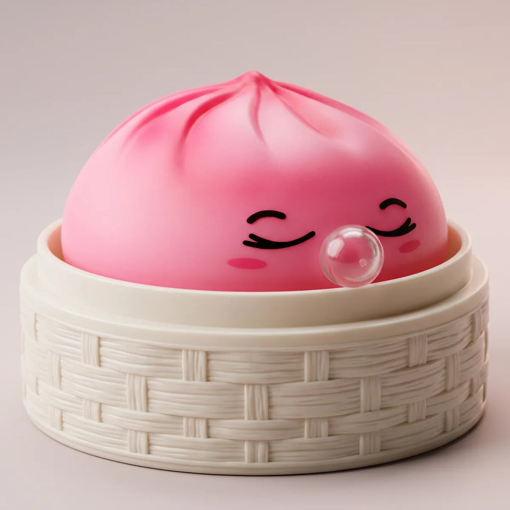 Squishy Dumpling Bubble Rose Marbré — dans son panier vapeur en bambou