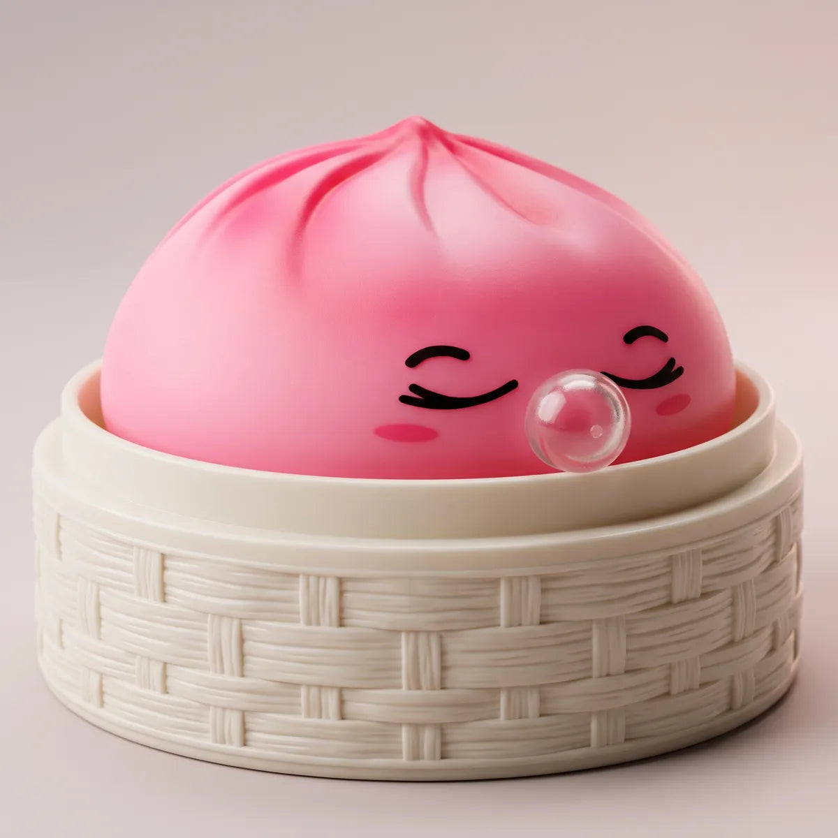 Squishy Dumpling Bubble Rose Marbré — dans son panier vapeur en bambou