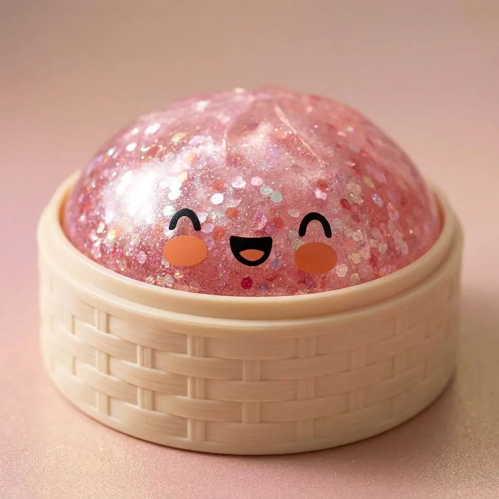 Squishy Dumpling Rose Bubblegum Pailleté — dans son panier vapeur en bambou