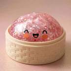 Squishy Dumpling Rose Bubblegum Pailleté — dans son panier vapeur en bambou