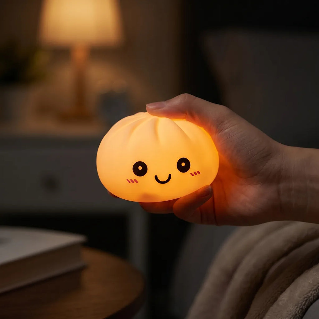 Veilleuse Squishy Dumpling Rose — allumée dans l'obscurité