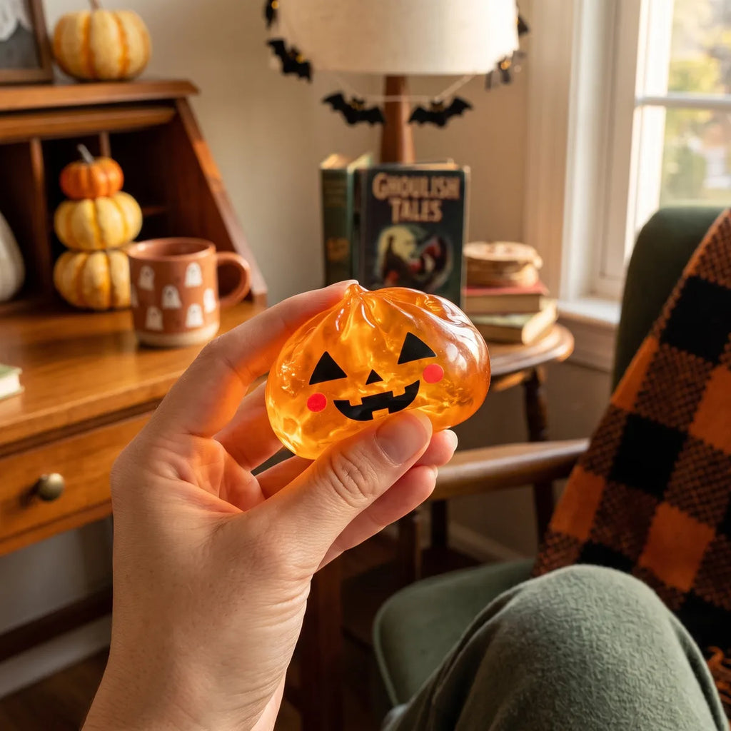 Squishy Dumpling Citrouille translucide — Halloween — manipulé entre les doigts