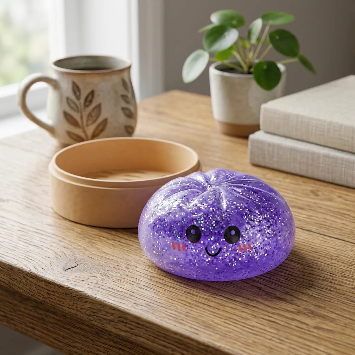 Squishy Dumpling Violet à Paillettes — en situation
