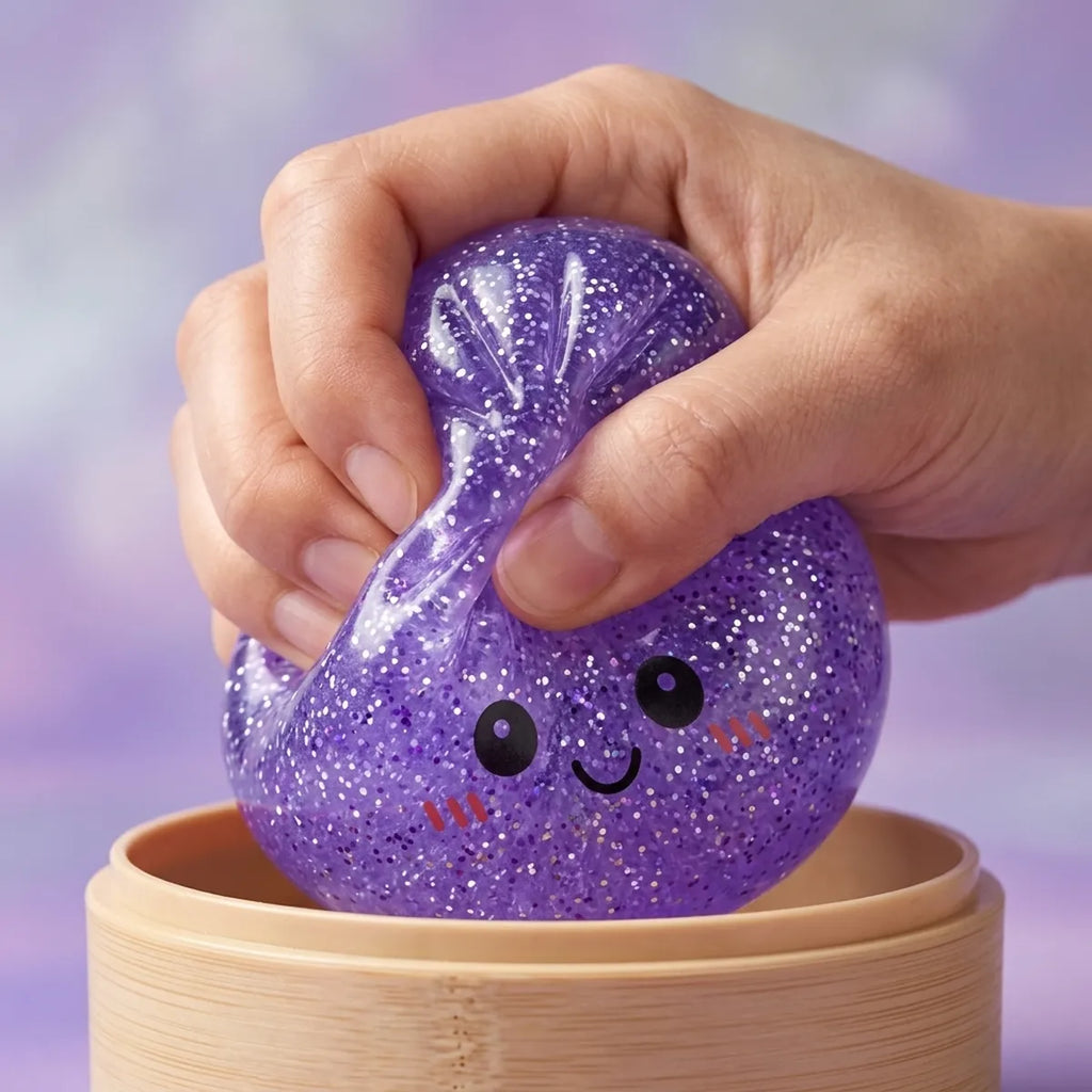 Squishy Dumpling Violet à Paillettes — en cours de compression