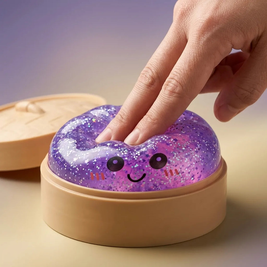 Squishy Dumpling Violet à Paillettes — complètement écrasé