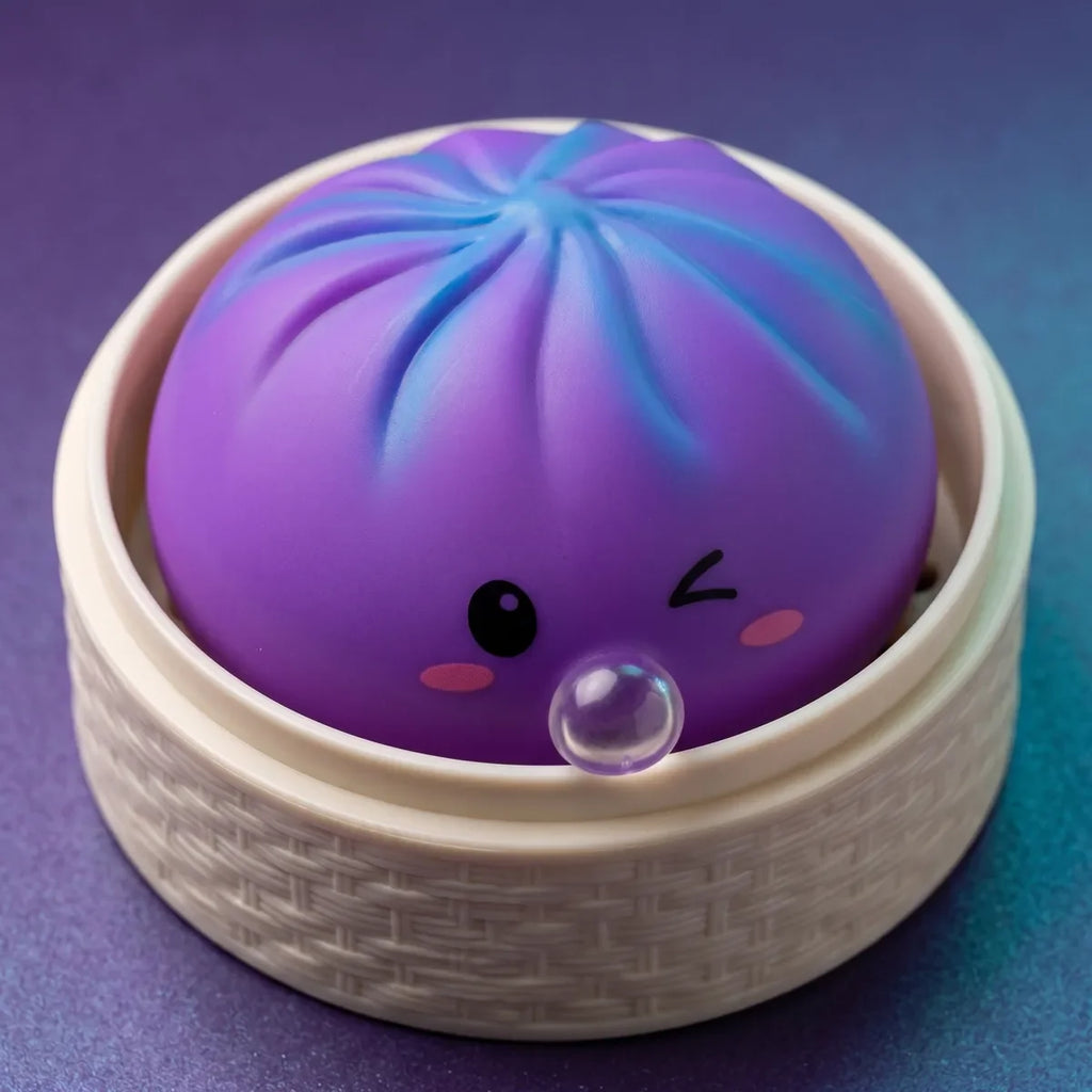 Squishy Dumpling Bubble Violet Cosmique — dans son panier vapeur en bambou