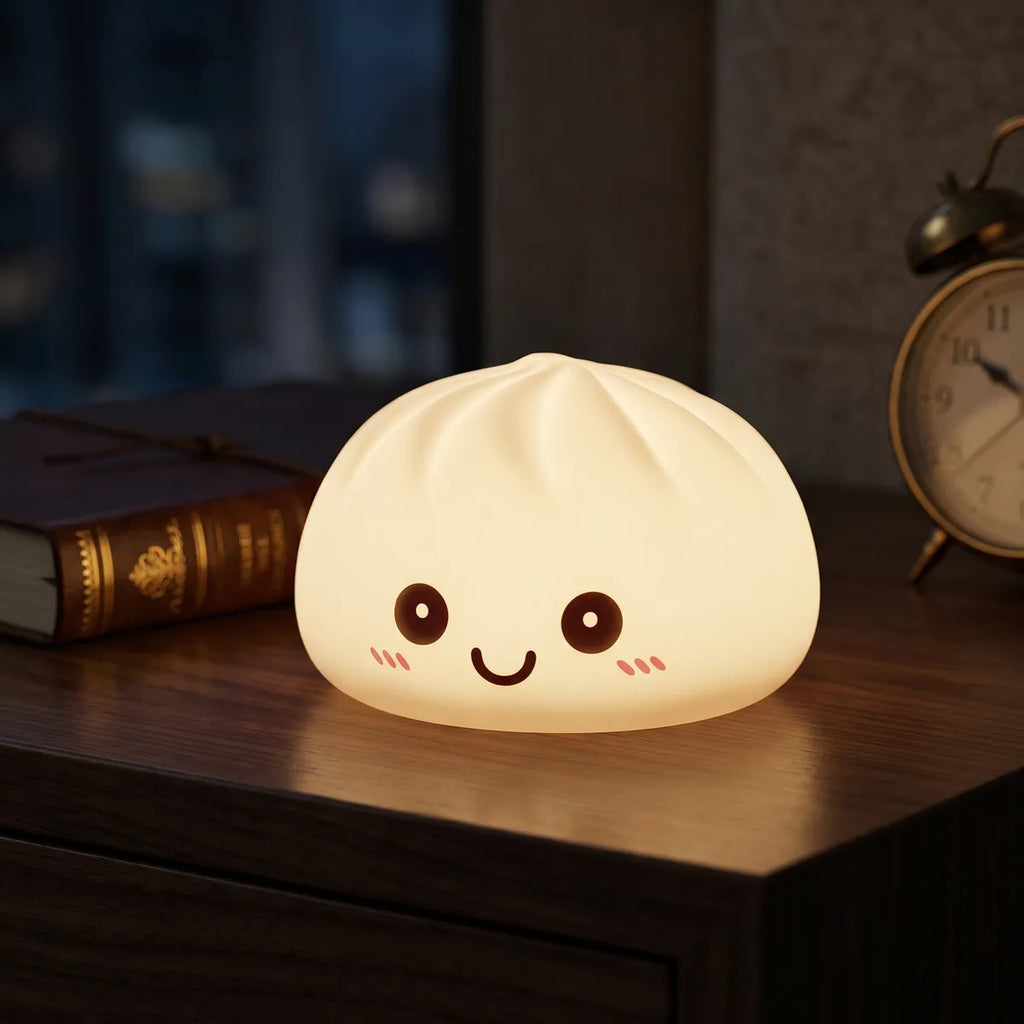 Veilleuse Squishy Dumpling Violette — dans son panier vapeur en bambou