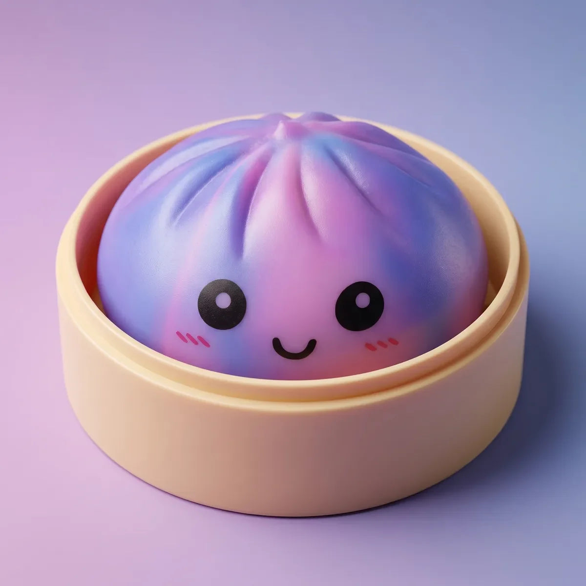 Squishy Dumpling Tie & Dye Violet — dans son panier vapeur en bambou