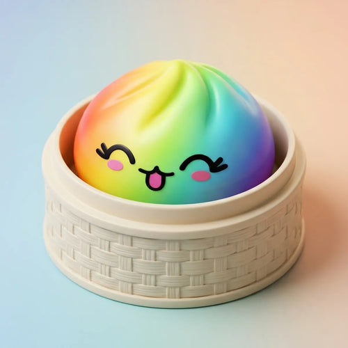 Squishy Dumpling Arc-en-ciel Chromé — posé dans son panier vapeur en bambou