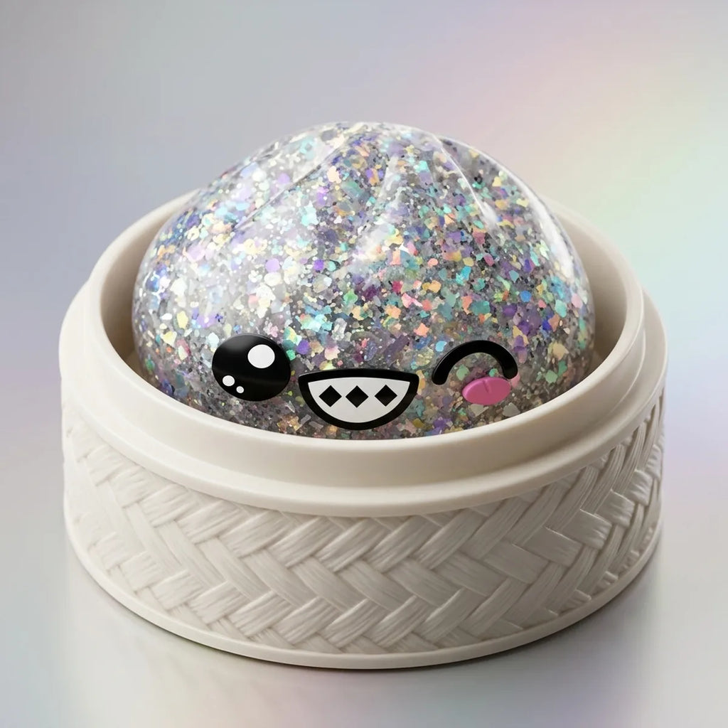 Squishy Dumpling Argent Chromé — posé dans son panier vapeur en bambou