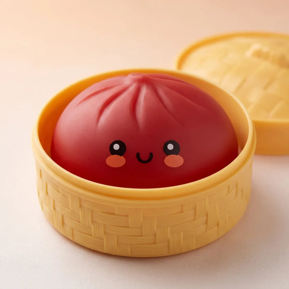 Squishy Dumpling Brioche Rouge — dans son panier vapeur en bambou