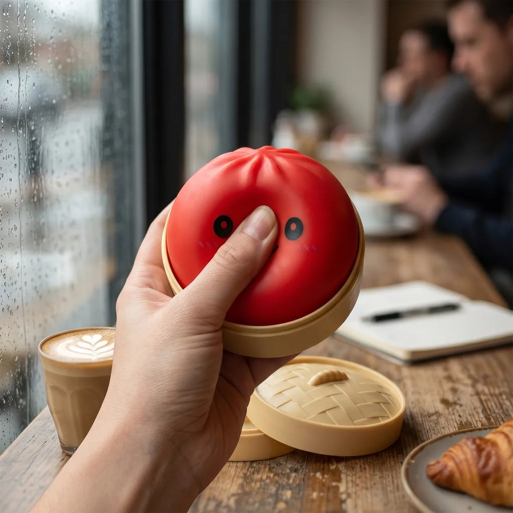 Squishy Dumpling Rouge Cerise — posé sur un bureau