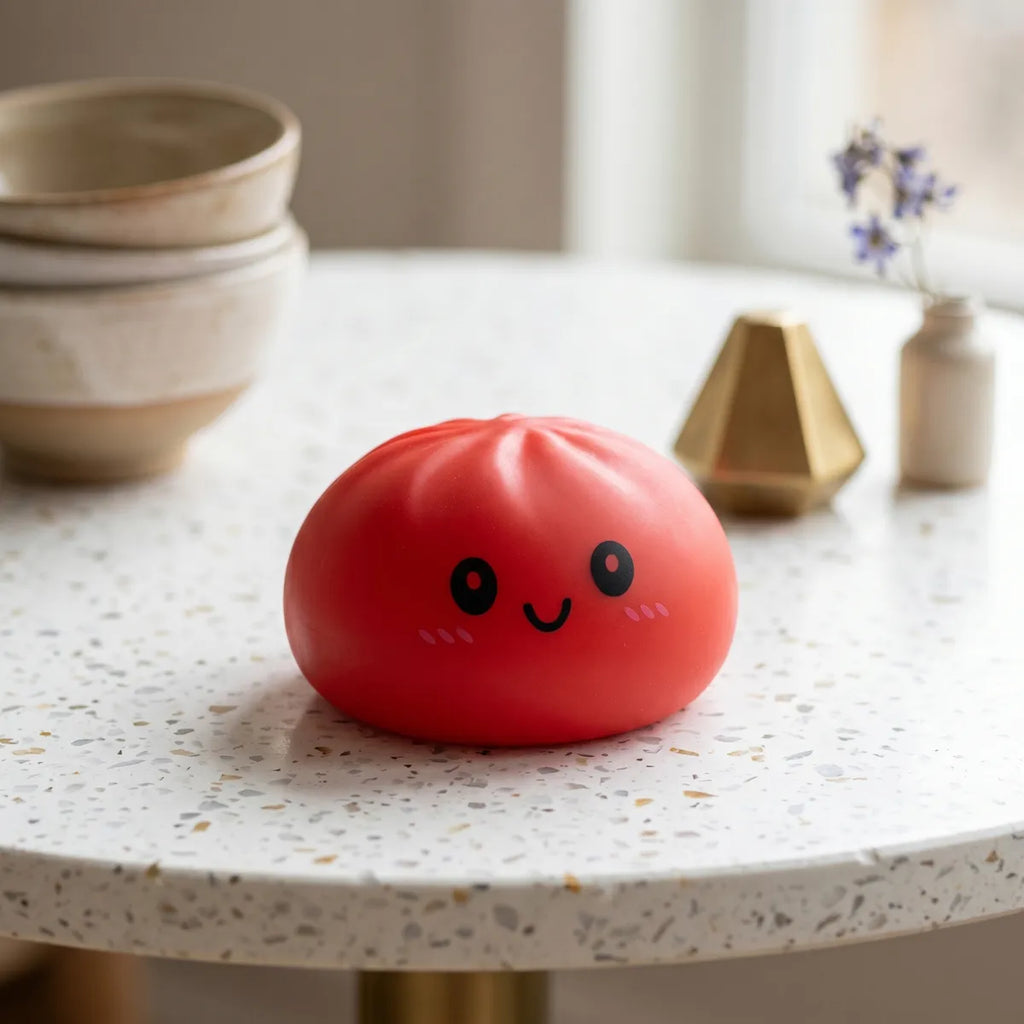 Squishy Dumpling Rouge Cerise — dans son panier vapeur en bambou