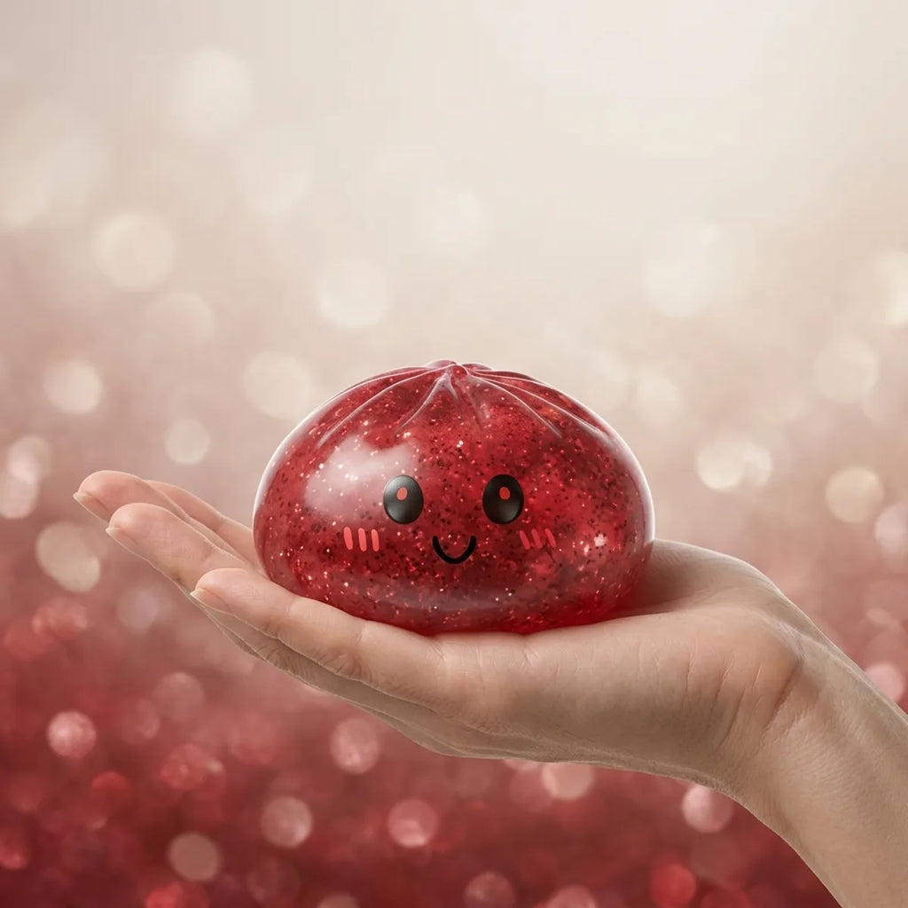 Squishy Dumpling Rouge à Paillettes — tenu à la main