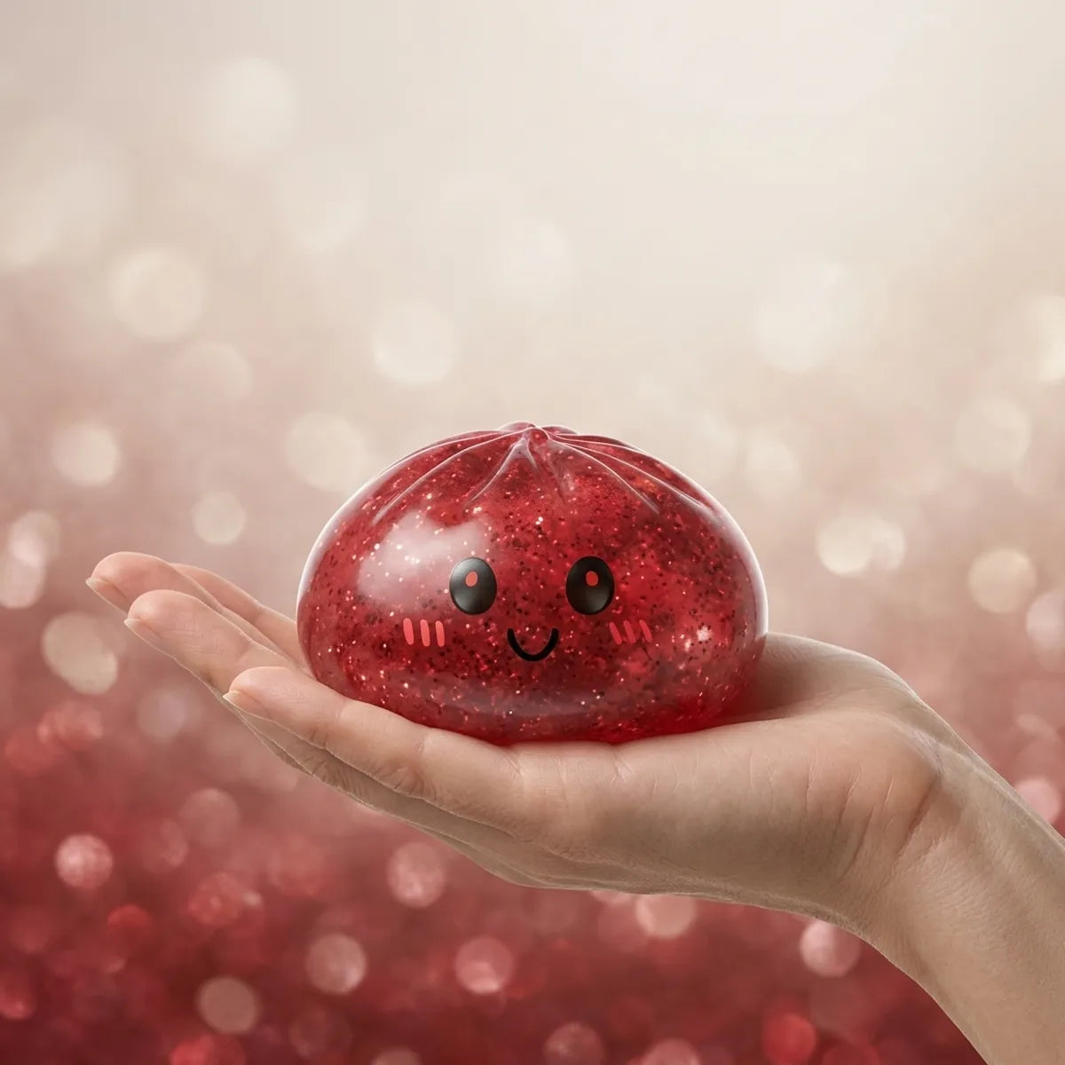 Squishy Dumpling Rouge à Paillettes — tenu à la main