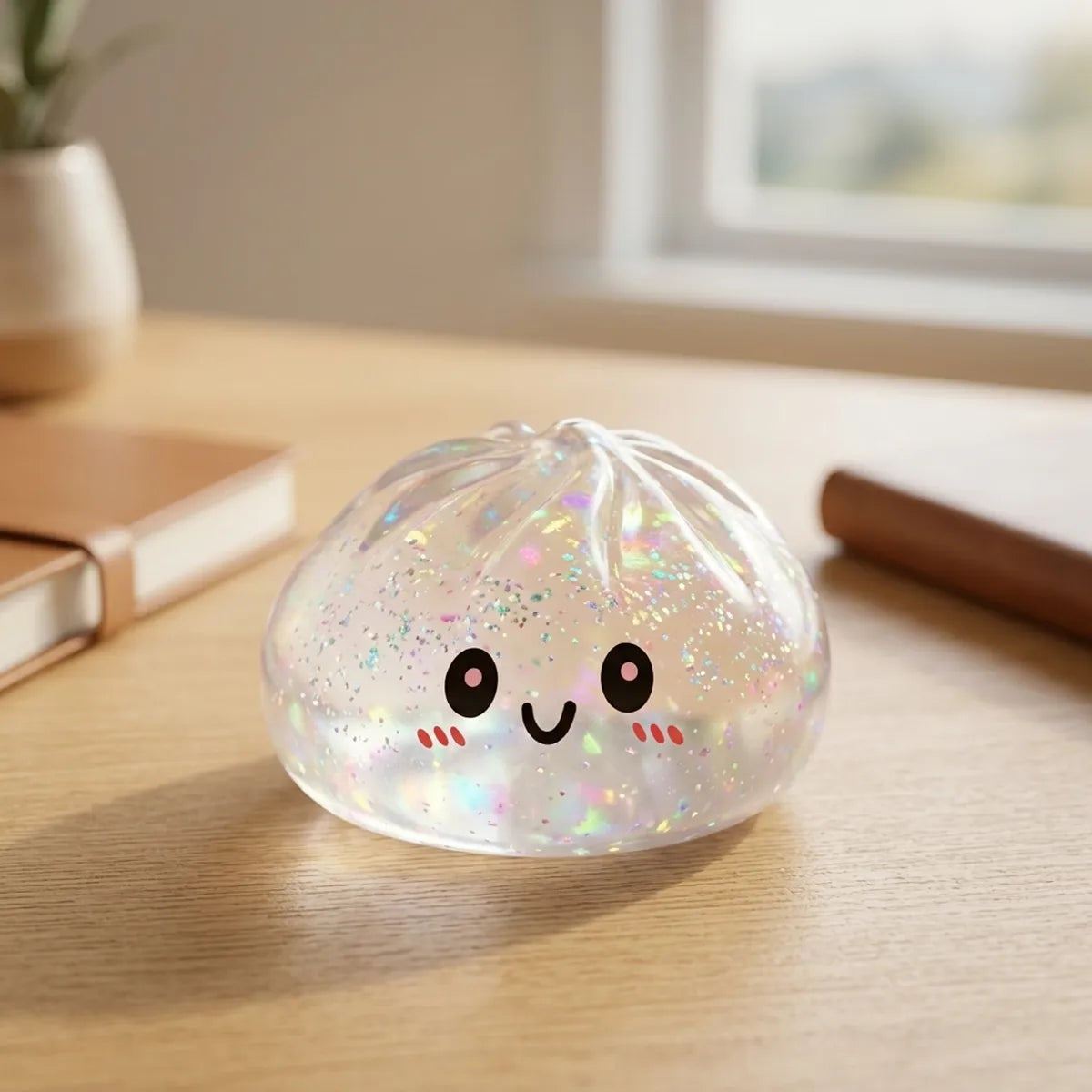 Squishy Dumpling Argenté à Paillettes — posé sur un bureau