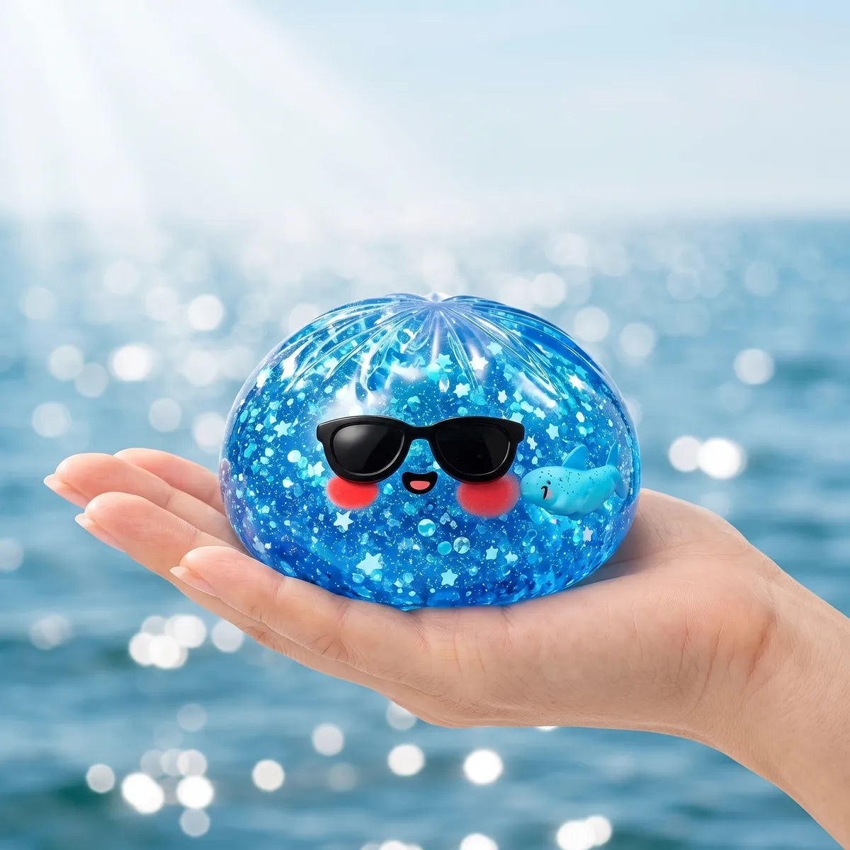 Squishy Dumpling à Lunettes Pailleté — tenu dans la main