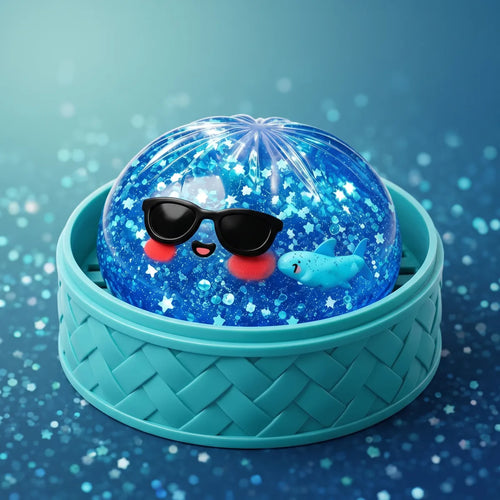 Squishy Dumpling à Lunettes Pailleté — dans son panier vapeur en bambou