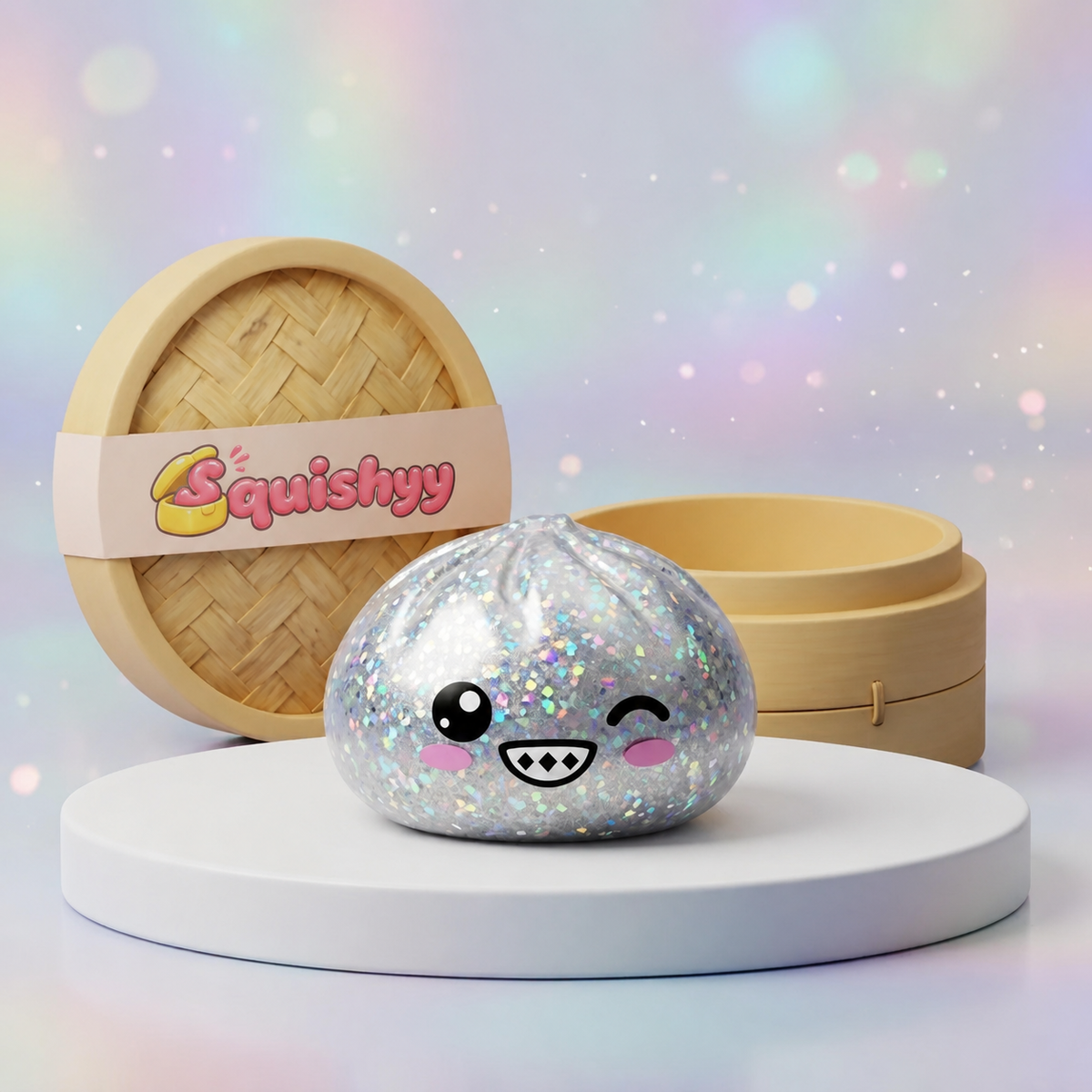 Squishy Dumpling Argent Chromé — photographié en studio