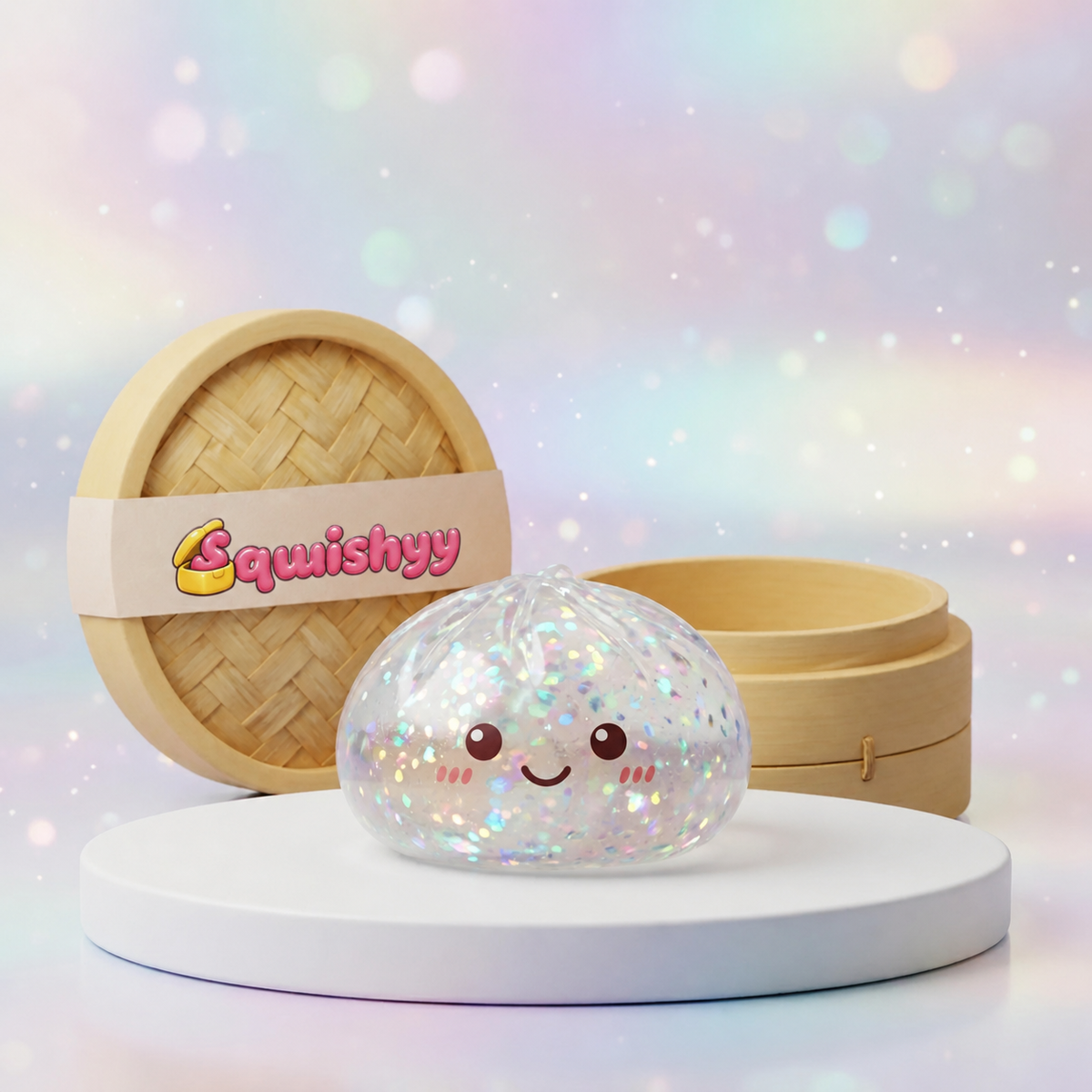 Squishy Dumpling Argenté à Paillettes — photographié en studio