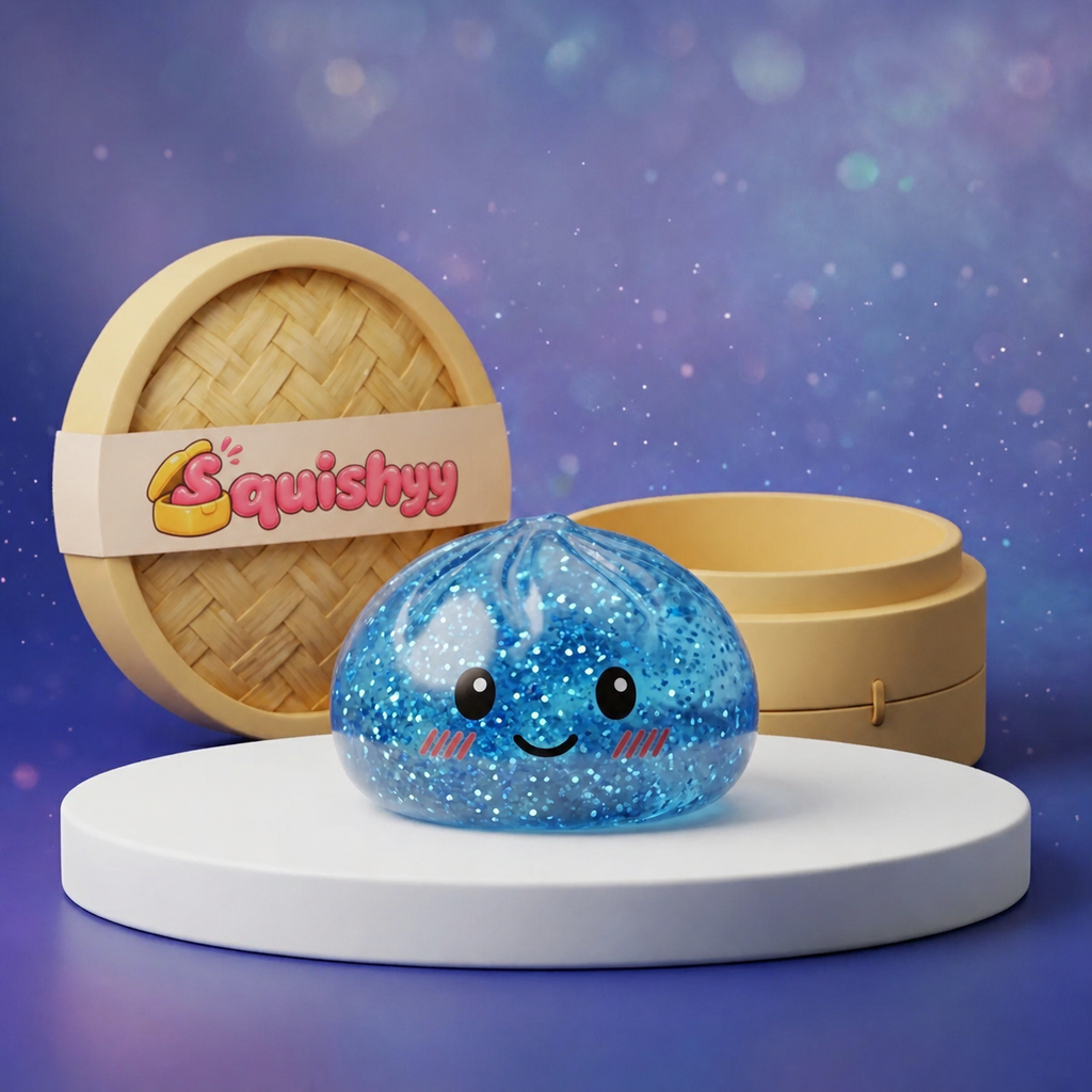 Squishy Dumpling Bleu à Paillettes — photographié en studio
