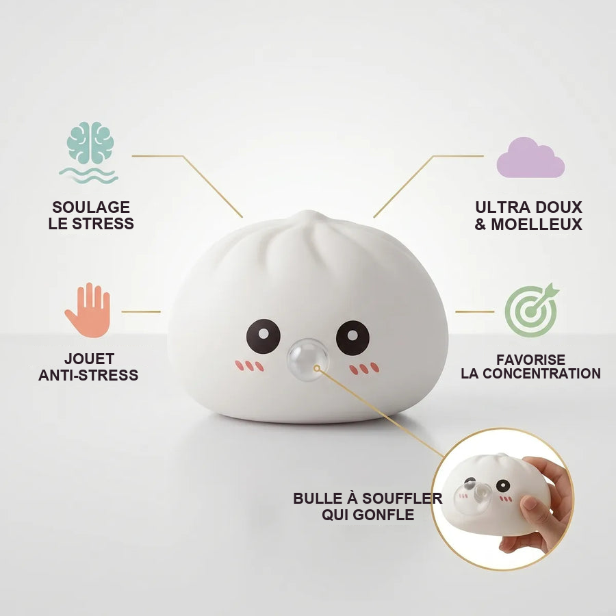 Squishy Dumpling Bubble Blanc — guide des tailles, comparaison avec une main