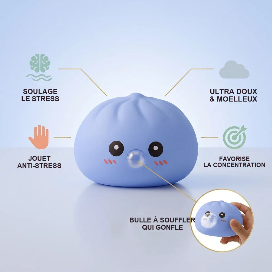 Squishy Dumpling Bubble Bleu — guide des tailles, comparaison avec une main