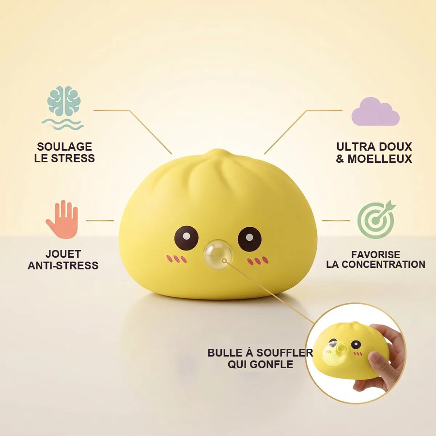 Squishy Dumpling Bubble Jaune — guide des tailles, comparaison avec une main