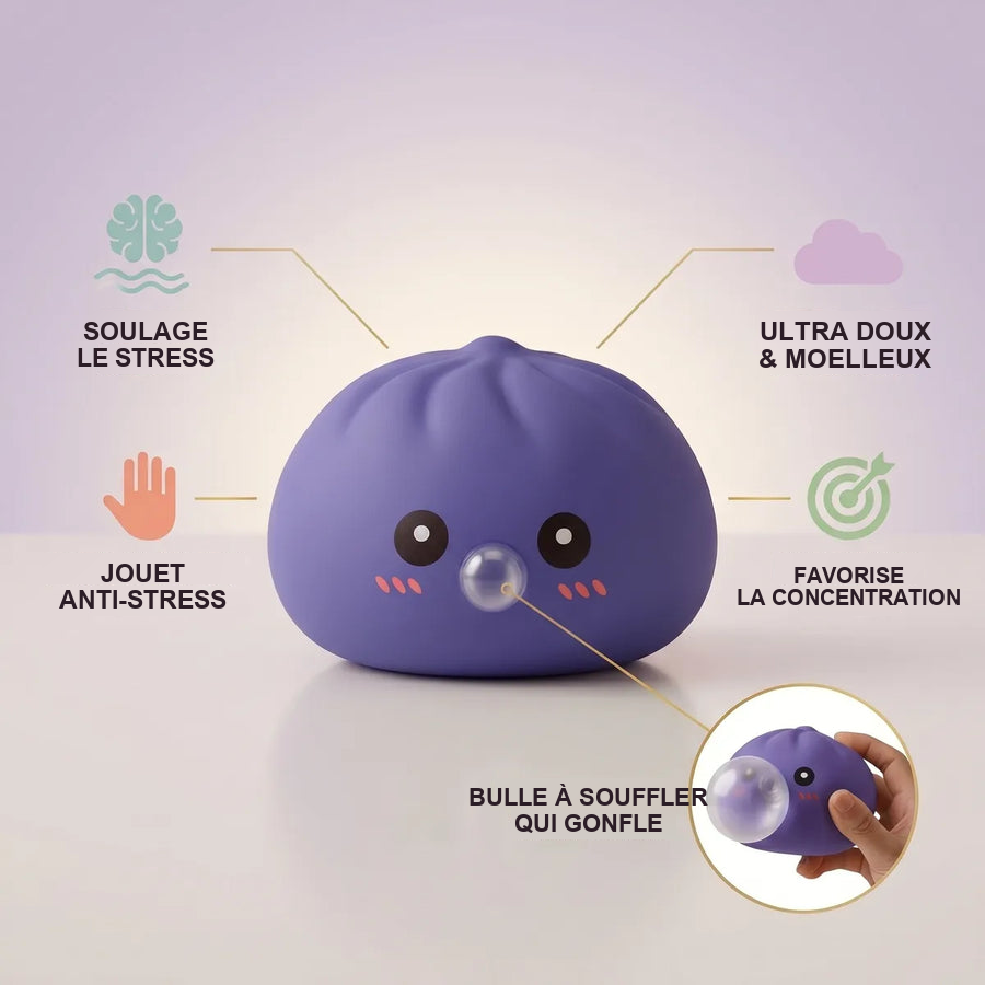 Squishy Dumpling Bubble Violet — guide des tailles, comparaison avec une main
