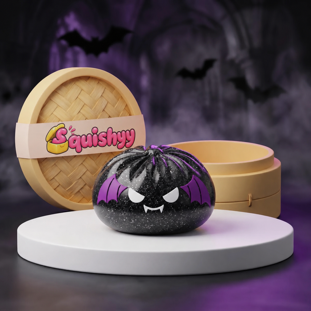 Squishy Dumpling Chauve-souris noire pailletée — Halloween — vu de face