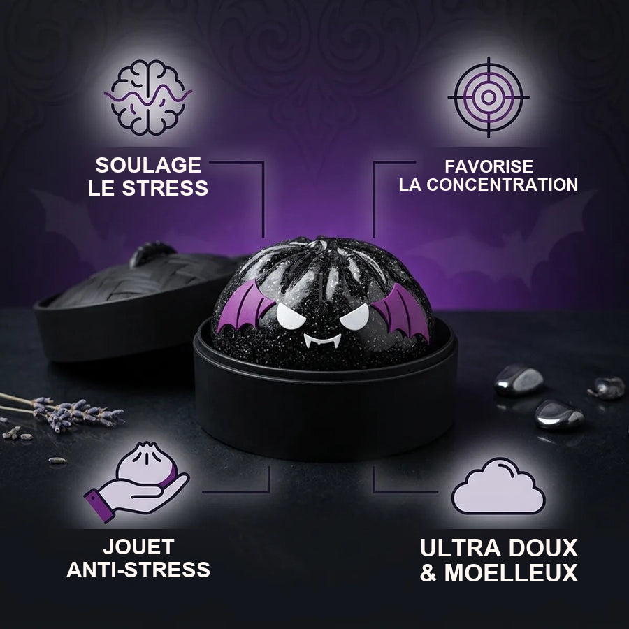Squishy Dumpling Chauve-souris noire pailletée — Halloween — utilisé comme anti-stress