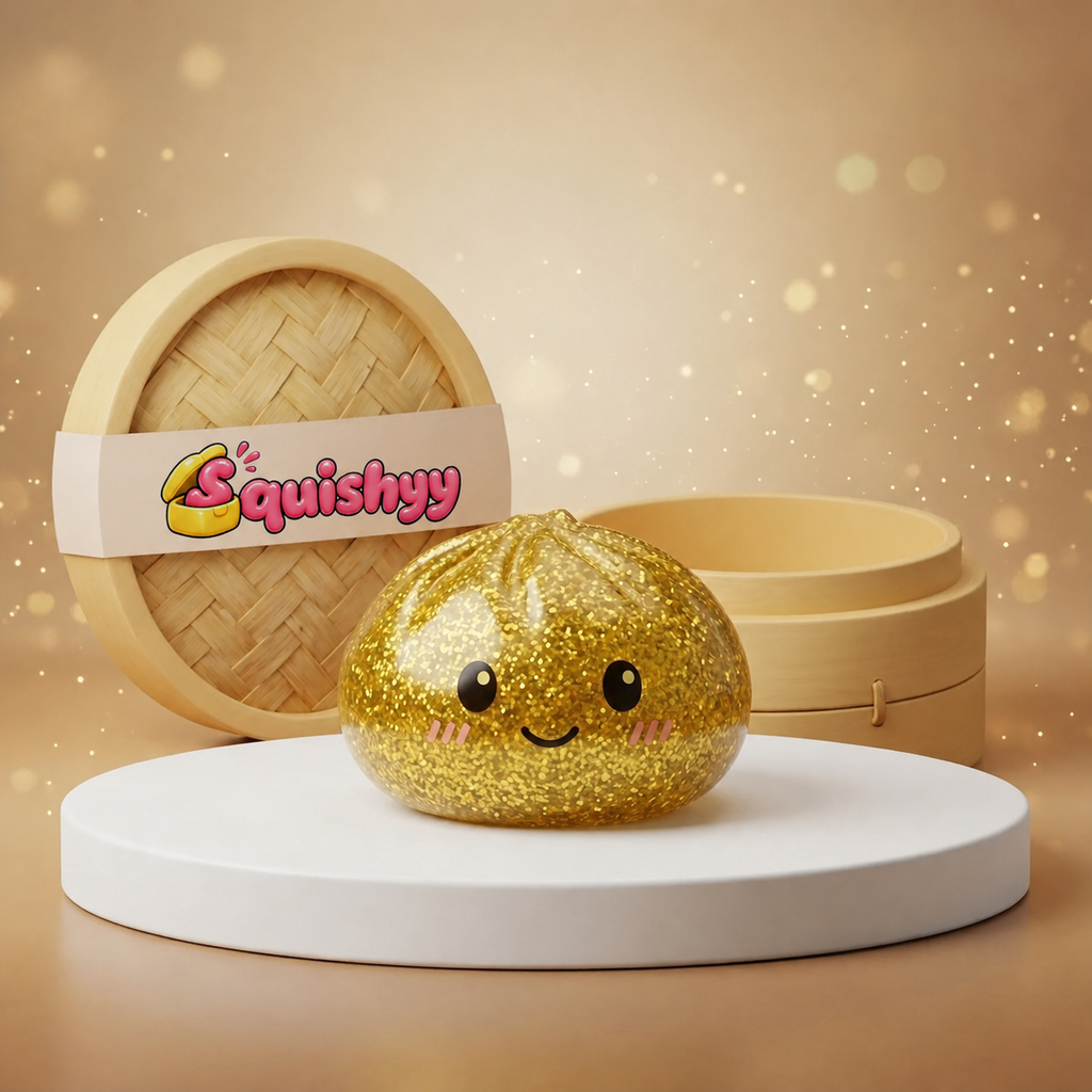 Squishy Dumpling Doré à Paillettes — photographié en studio