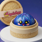 Squishy Dumpling Galaxie Cosmos — posé dans son panier vapeur en bambou
