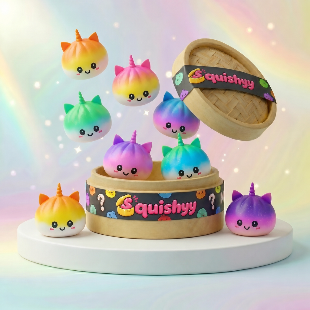 Squishy Dumpling Licorne Arc-en-ciel Jumbo — vu de face sur fond neutre
