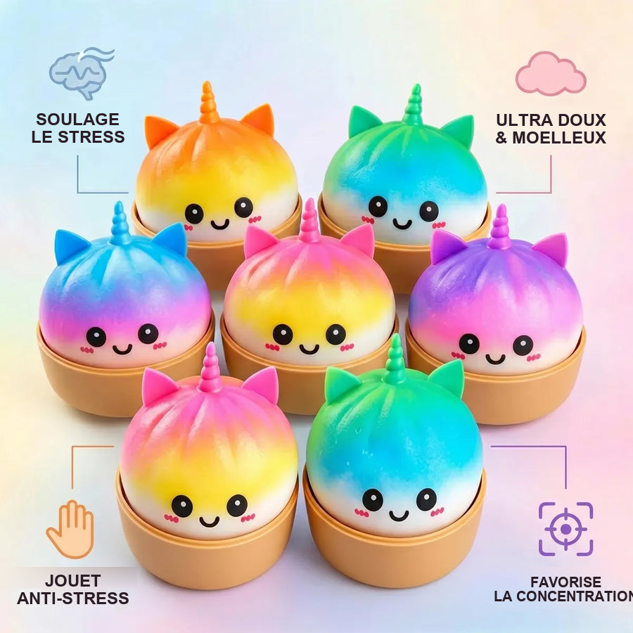 Squishy Dumpling Licorne Arc-en-ciel Jumbo — guide des tailles, comparaison avec une main